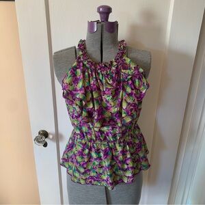 Odille 2 Blouse Top 100% Silk Purple Floral Print Ruffle Racerback Boho Fairy